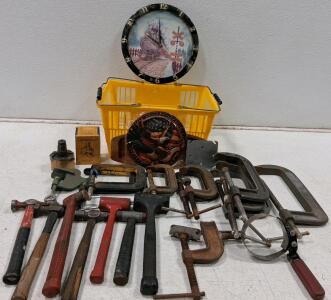 Vintage Hand Tools Lot: Hammers, C-Clamps, Pipe Clamps, Mallet, Hand Mixer, Wall Clock