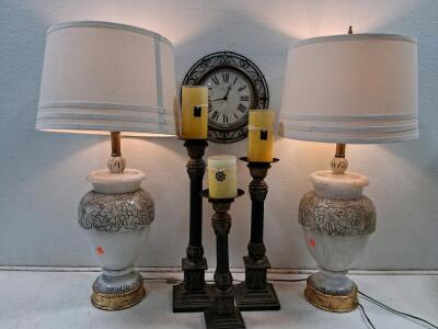 Pair of Ornate Ceramic Table Lamps, 30" Tall, Cream with Gold Accents, and More
