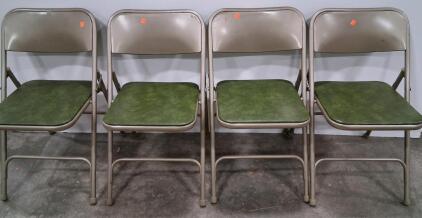 Set of 4 Metal Folding Chairs with Green Vinyl Padded Seats, Tan Frame