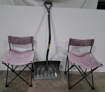 Set of 2 Folding Ford Explorer Camp Chairs (Lavender, Steel Frame) & 20" Poly D-Grip Snow Shovel