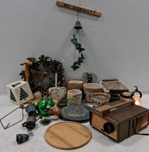 Vintage Household Lot: Slide Projector, Glass Decanter, Ceramic, Wreath, Baskets, 20+ Pieces (Turns On)