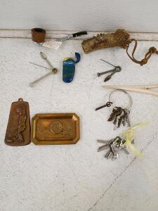 Vintage Dr. Grabow Viking Pipe, Keys, Brass Trays, Pipe Tools, Antler Piece & Enamel Case Lot, and Brass and Iron Fireplace Tool Set &ndash; Stand, Brush, Poker &ndash; 27" Tall, Victorian Style and Wyeth Helga Pictures, Whistler, Bars from Bilibid Prison, Sinatra Sc