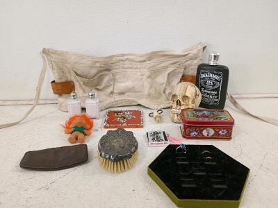 Ornate Art Nouveau Silver-Plated Vanity Hairbrush Natural Bristle Floral Motif Vintage, Leather Coin Bag, Wooden Skull With Teeth