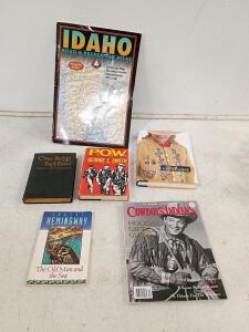 Idaho Road Atlas, POW Memoir, Hemingway, Over the Back Fence, Cookbook, Cowboys & Indians Mag and Trump 2024 FYSN Socks US 8&ndash;12 New in Box & Mixed Military Insignia Curios Lot