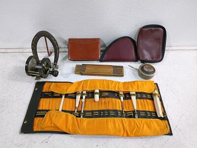 Vintage Tool Lot With Manicure Set, 6ft Folding Ruler, Fishing Reel, Oil Can, Leather Cases