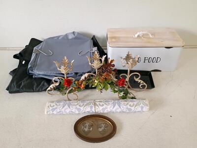 Lot of Mixed Home Decor & Storage: Dog Food Tin, Vintage Photo Frame, Candelabra, Organizers