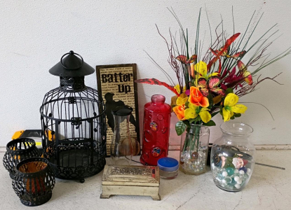 Decorative Metal Birdcage, Candle Holders, Faux Flowers, Trinket Box & Vase Mixed Decor Lot
