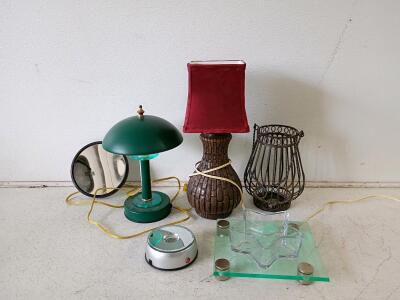 Vintage & Modern Table Lamps, Metal Lantern, Display Turntable, Glass Dish Lot and Vintage Lamp Parts Lot: Fabric & Glass Shades, Porcelain Shaving Mug, Floral Tray, Globe