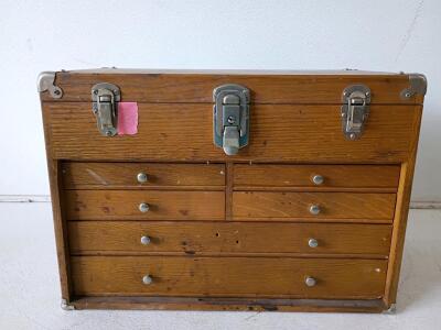 Vintage Wooden Machinist Tool Chest with 7 Drawers and Green Felt Lining