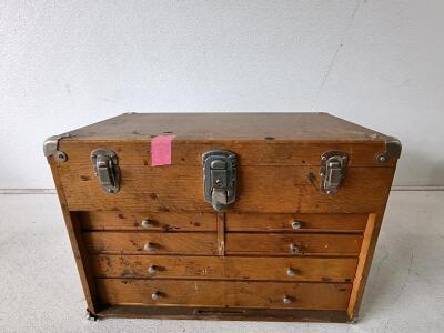 Machinist Wood Tool Chest with 7 Drawers, Mitutoyo Gauges, Micrometers, Dial Indicators