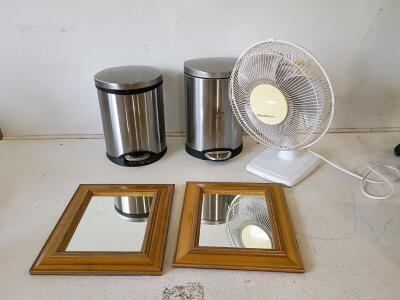 Pair Stainless Steel Pedal Trash Cans, Windmere Desk Fan, Gold Framed Mirrors (Lot of 5)