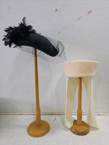 Two Mid-20th Century Vintage Women's Hats: Black Feather Cocktail & Cream Pillbox