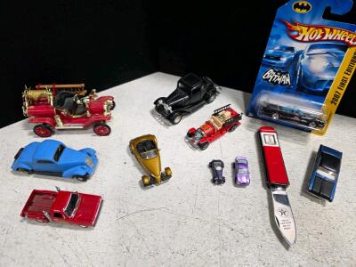 Vintage and Modern Die-Cast Car Collection - Hot Wheels Batmobile, Fire Trucks, Coupes, Texaco Knife