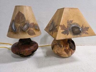 Natural Burl Wood Table Lamp w/ Agate Slice & Leaf Decor Shade &ndash; Rustic Artistic Lighting
