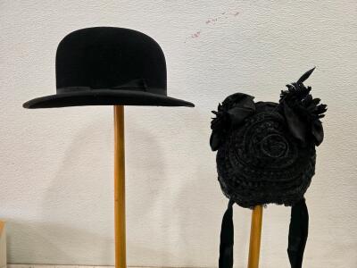 Antique Black Bowler Hat & Victorian Floral Lace Bonnet Pair, Ornate Ribbon and Feather Details