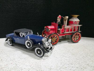 Vintage 1:18 Blue Convertible Die-cast Car & 1950s Tin Lithograph Wind-up Fire Truck, Patent No. 401934