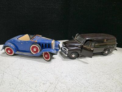 Vintage Diecast 1930s Convertible Roadster and 1950s Chevrolet UPS Panel Van 1:18 Scale Models