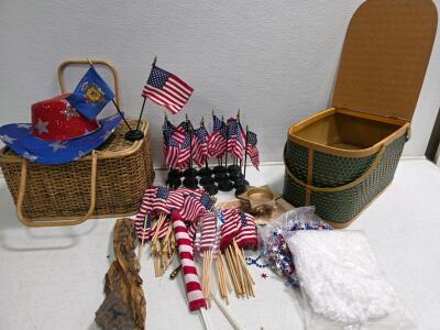 Lot of Patriotic Parade & Party Supplies (Flags, Hat, Garland, Baskets, Decor)