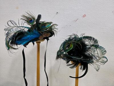 Dramatic Peacock Feather Fascinator Hats with Ribbon Tie & Wooden Stands &ndash; Costume or Theatrical Wear