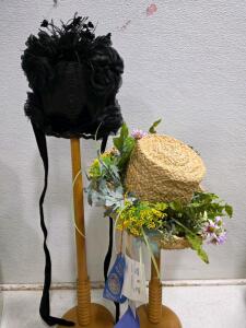 Victorian Style Black Mourning Bonnet & Award-Winning Floral Straw Bonnet with Ribbons