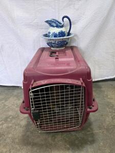 Large Petmate Pet Porter Carrier 36'' Burgundy & Blue Transferware Basin and Pitcher Set