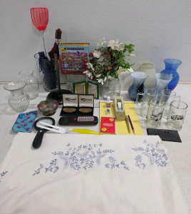 Mixed Lot: 7 Glass Vases, Dowdle 500pc Puzzle, California Speedway Medals, 1998 Prowler Plaque, Mugs