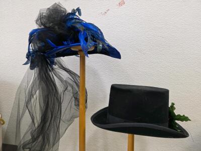 Vintage Theatrical Wide-Brim Blue Feather Hat, Black Top Hat w/ Holly, Brown Hair Accessories