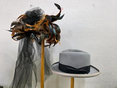 Vintage Grey Felt Fedora, Feathered Cocktail Hat with Veil, Red Wig & Hairpieces Assortment