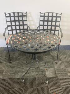 Metal Outdoor Bistro Set &ndash; Round Lattice Table with 2 Armchairs & Cushions, Black, 3 Piece