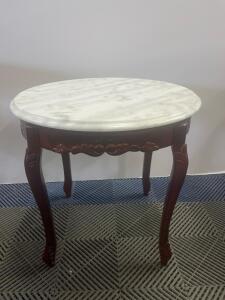 Round Marble-Top Accent Table, Carved Wood Base, French Provincial Style, 20" Diameter