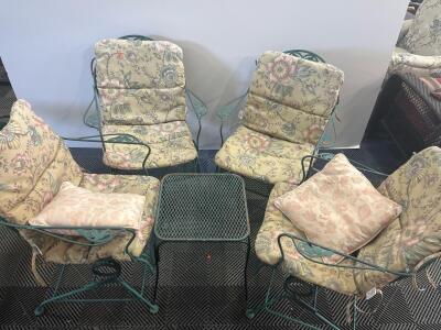 Vintage Wrought Iron Patio Set &ndash; 4 Armchairs with Floral Cushions & Mesh Side Table, Green Finish