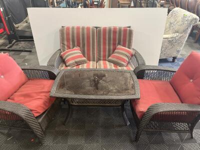4-Piece Resin Wicker Patio Set: Loveseat, 2 Chairs, Coffee Table, Glass Top, Red Cushions
