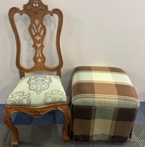 Queen Anne Style Carved Dining Chair with Damask Upholstery & Plaid Upholstered Ottoman