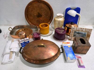 Vintage Copper Tray Set, Metal Roasting Pan, Home Decor Lot, Candles, Accessories