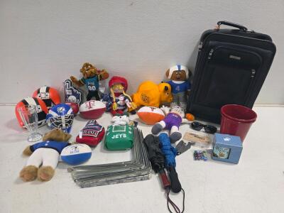 Large Sports Team Memorabilia & Collectibles Lot: Plush Dolls, Balls, Suitcase, Home Items