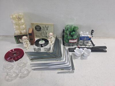 Vintage Collectibles Lot: Vinyl Records, Ornaments, Glassware, Book, Shelf Brackets