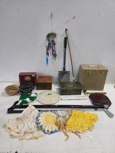 Assorted Vintage Collectibles Lot: Cigar Boxes, Cane, Golf Club, Cash Box, Crochet, Wind Chime