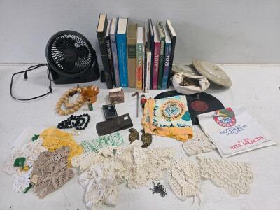 Vintage Collectibles Lot: Honeywell Fan, Crosman BBs, Victor Record, Books, Doilies, Jewelry