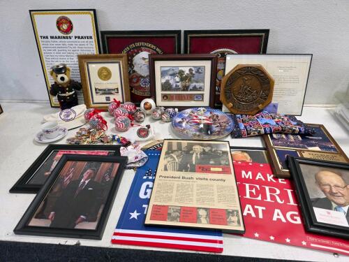 Large Patriotic Political & USMC Memorabilia Lot: Reagan, Bush, GOP, Ornaments, Plaques, Art