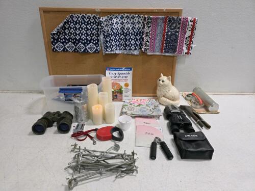 Mixed Household Lot with Meade Binoculars, Fabrics, Fitness Gear, Corkboard, LED Candles