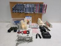 Mixed Household Lot with Meade Binoculars, Fabrics, Fitness Gear, Corkboard, LED Candles