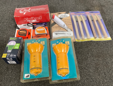 Wire Brushs, Flashlights, Tape Measures, Door Nobs, Light Bulb, And Lure Lite