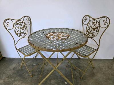 Vintage Metal Bistro Patio Set &ndash; Ornate Scrollwork, Foldable, Table & 2 Chairs