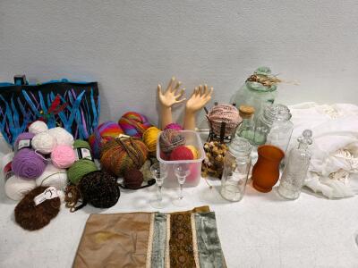 Mixed Craft Supply Lot: Yarn, Glass Jars, Decorative Fabric, Display Hands