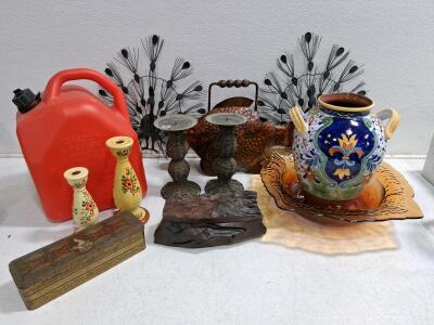 Vintage D&eacute;cor Lot: Ceramic Vase/Bowl, Peacock Wall Art, Gas Can, Metal Box, Candle Holders