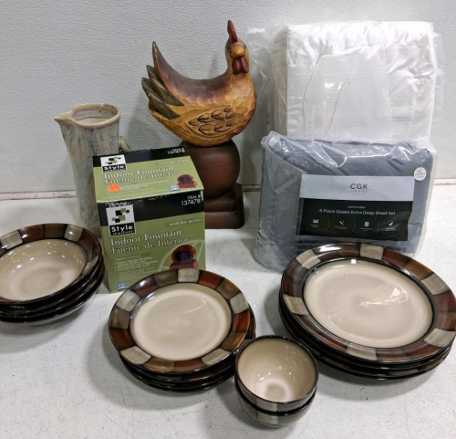 Mixed Home Goods Lot &ndash; Ceramic Dinnerware Set, Aurora Indoor Fountain, Queen Sheet Sets, D&eacute;cor