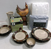 Mixed Home Goods Lot &ndash; Ceramic Dinnerware Set, Aurora Indoor Fountain, Queen Sheet Sets, D&eacute;cor
