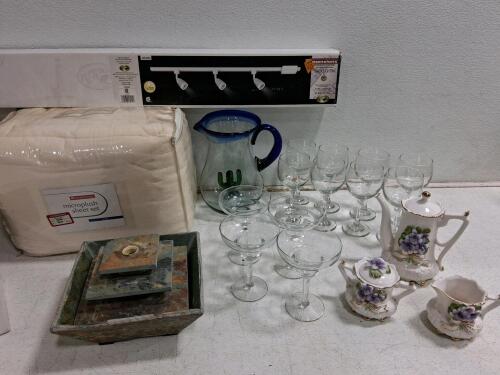 Assorted Household Lot: Queen Sheet Set, Track Light, Tea Set, Glassware, Pitcher, working Fountain