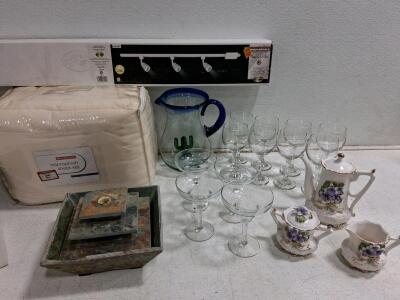 Assorted Household Lot: Queen Sheet Set, Track Light, Tea Set, Glassware, Pitcher, working Fountain