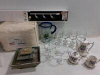 Assorted Household Lot: Queen Sheet Set, Track Light, Tea Set, Glassware, Pitcher, working Fountain
